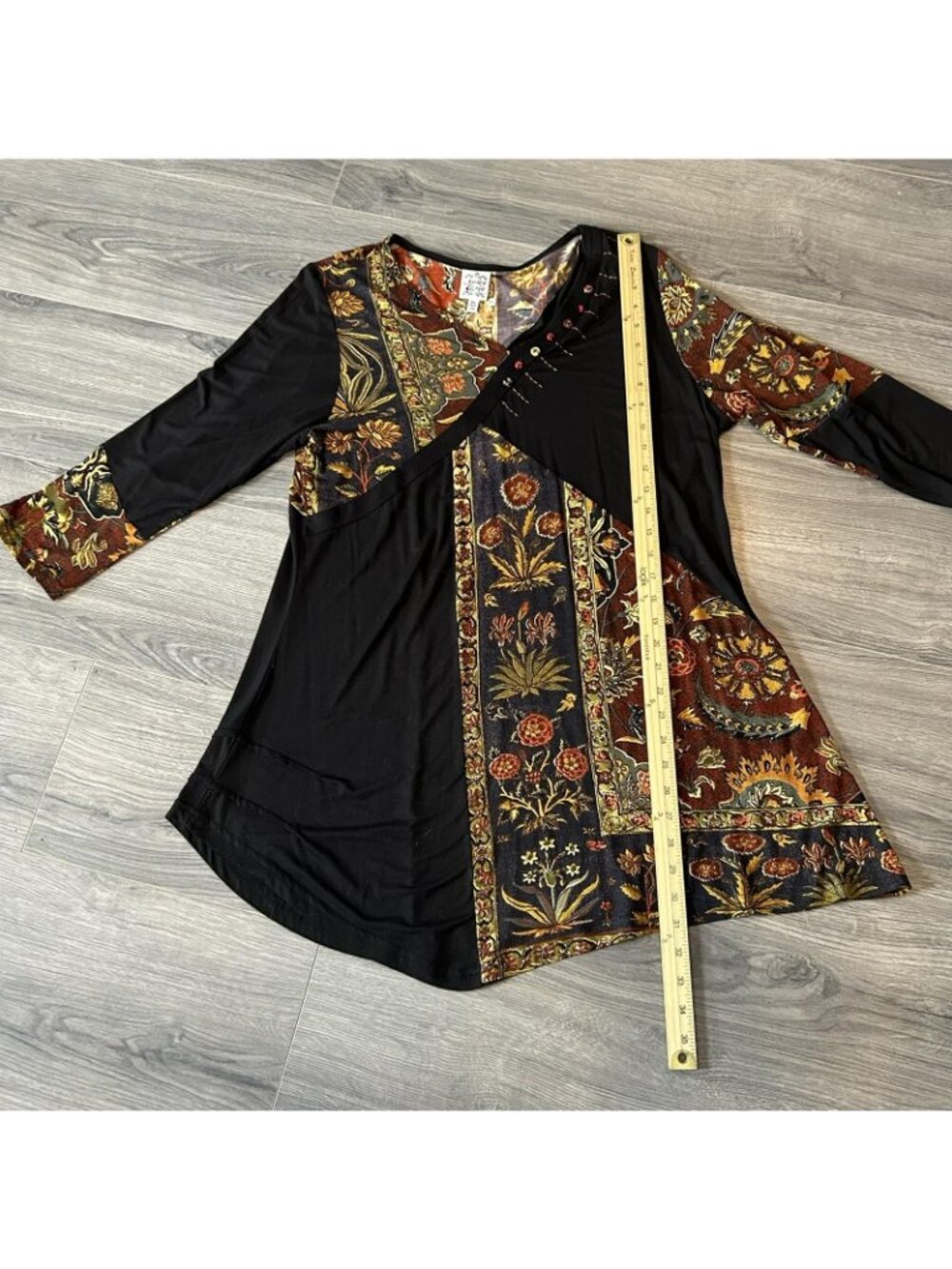 Parsley & Sage Shirt Womens XL Black Floral Tunic Top Boho Patchwork Asymmetric - Picture 8 of 9
